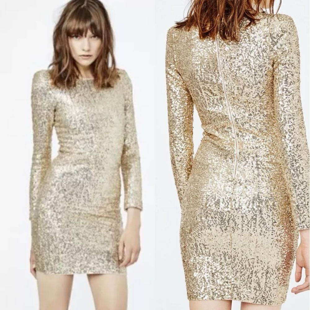Maje Regie Mini Gold Dress Sequin Long Sleeve Size M